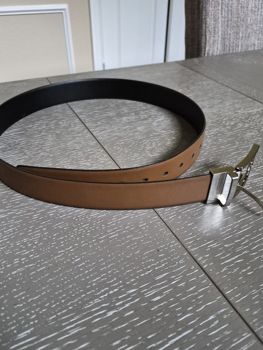 Perry Ellis Reversible Tan and Black Leather Belt with Silver Buckle